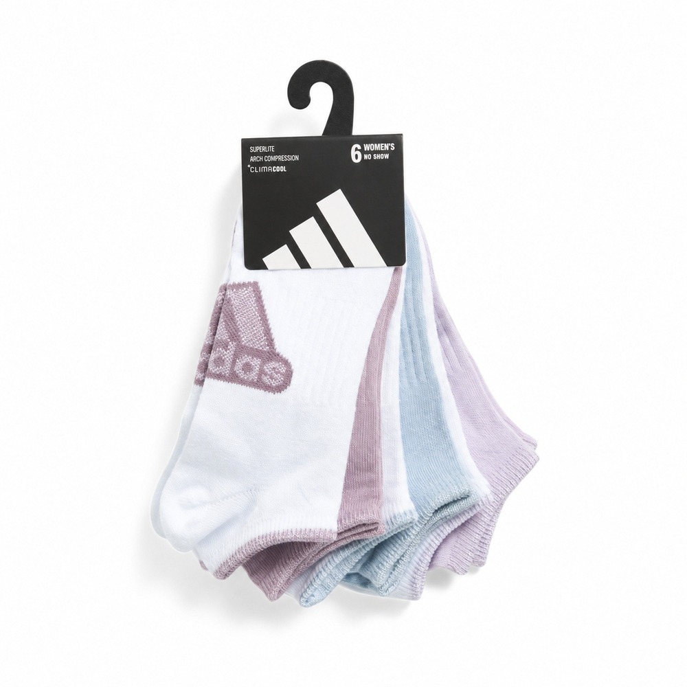 Adidas Superlite No Show Socks 6 Pack Womens White Purple Blue Arch Compression